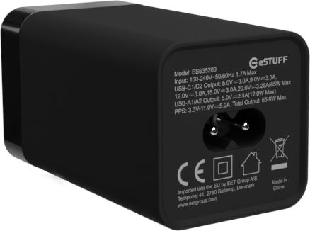 eSTUFF Chargeur GaN 65W PD Compact - 4 Ports (2 USB-C + 2 USB-A) - PD 3.0/2.0, QC 3.0, PPS, Apple 2.4A