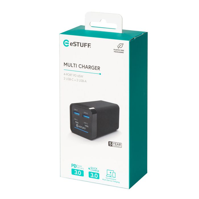 eSTUFF Chargeur GaN 65W PD Compact - 4 Ports (2 USB-C + 2 USB-A) - PD 3.0/2.0, QC 3.0, PPS, Apple 2.4A