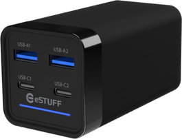 eSTUFF Chargeur multi 65W PD GaN 4 ports - 2 USB-C + 2 USB-A - Noir