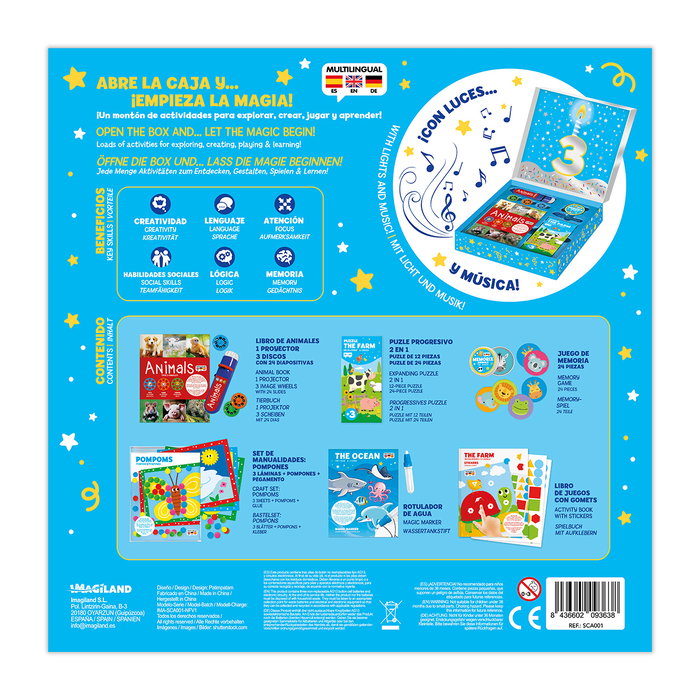 Imagiland Set de Cumpleaños 3 Ans SCA001 - Cadeau Enfant avec Livre Projecteur, Puzzle, Jeux - Langue Espagnole