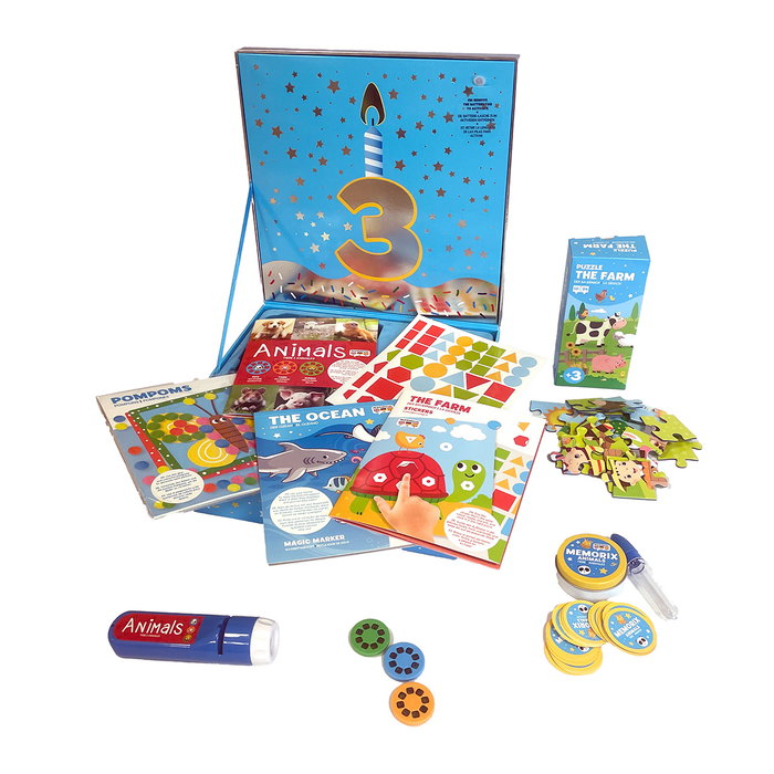 Imagiland Set de Cumpleaños 3 Ans SCA001 - Cadeau Enfant avec Livre Projecteur, Puzzle, Jeux - Langue Espagnole