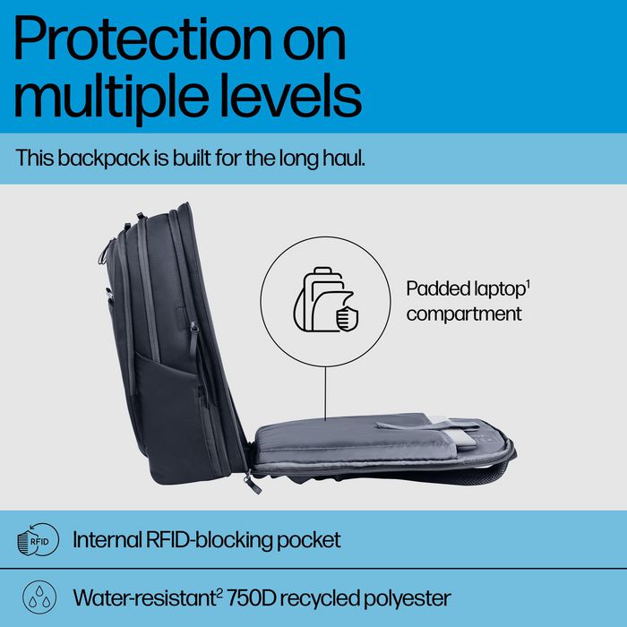 HP Sac à dos pour ordinateur portable Travel Plus, 30L-35L, 17 pouces, organisation multiple, polyester recyclé résistant à l'eau