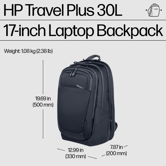 HP Sac à dos pour ordinateur portable Travel Plus, 30L-35L, 17 pouces, organisation multiple, polyester recyclé résistant à l'eau