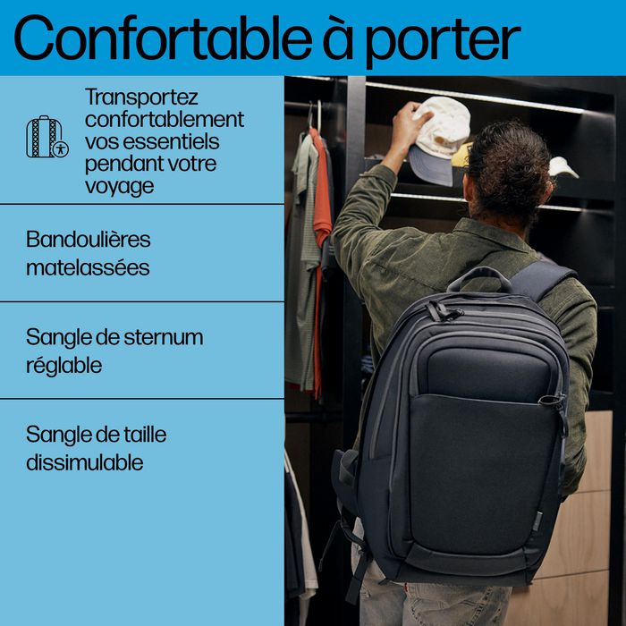 HP Sac à dos pour ordinateur portable Travel Plus, 30L-35L, 17 pouces, organisation multiple, polyester recyclé résistant à l'eau