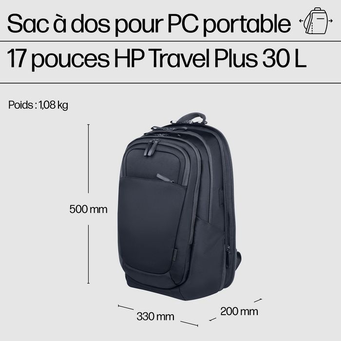 HP Sac à dos pour ordinateur portable Travel Plus, 30L-35L, 17 pouces, organisation multiple, polyester recyclé résistant à l'eau