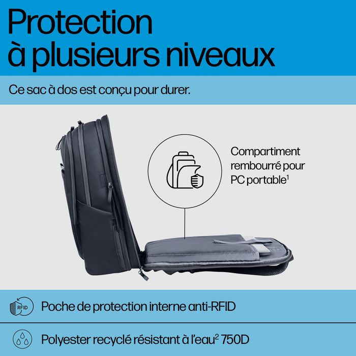 HP Sac à dos pour ordinateur portable Travel Plus, 30L-35L, 17 pouces, organisation multiple, polyester recyclé résistant à l'eau