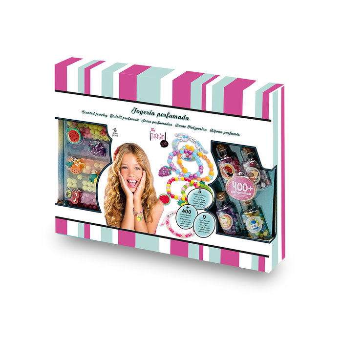 Tachan - Set 2 en 1 pour créer des bijoux parfumés avec perles, 4 senteurs différentes, récipients et rubans, jeu de création pour enfants dès 5 ans