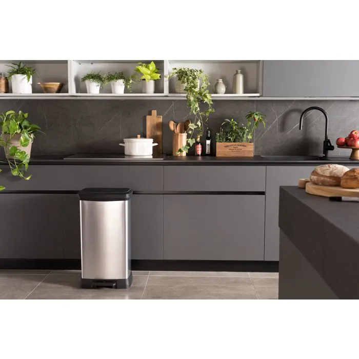 Curver Poubelle duo rectangulaire DECO BIN, 46 L (2 * 23 L), 2 compartiments, 39 * 29 * 72 cm, gris métallisé, pour le tri sélectif