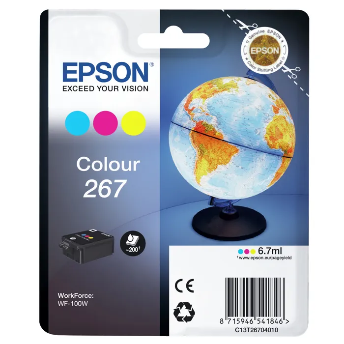 Epson Multipack 267 - Cartouches d'encre Cyan, Magenta, Jaune - Capacité standard 200 pages - Compatible imprimante Epson WorkForce WF-100W Epson Multipack 267 - Cartouches d'encre Cyan, Magenta, Jaune - Capacité standard 200 pages - Compatible imprimante Epson WorkForce WF-100W