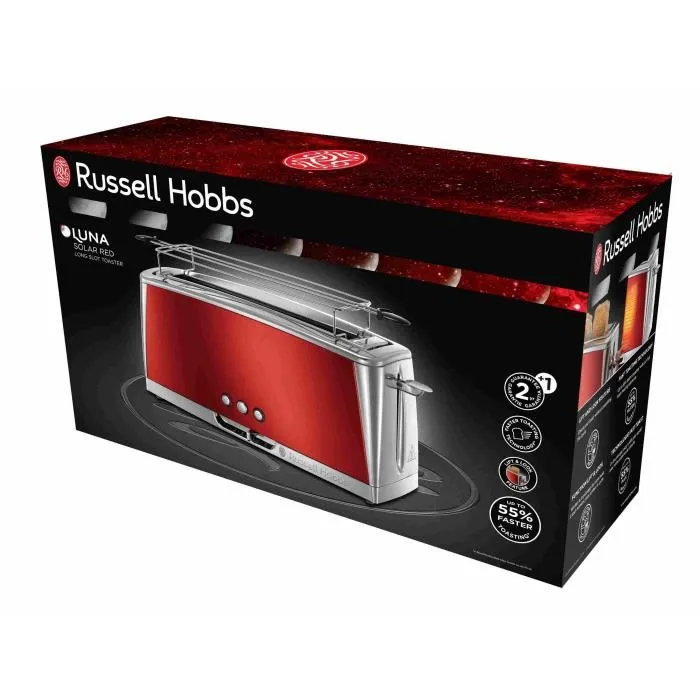 Russell Hobbs Grille-pain Luna Rouge Solaire, fente longue 1420 W, fonctions réchauffage et décongélation