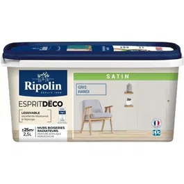 Ripolin - Peinture intérieure monocouche satinée Gris Hanoi 2.5L - Peinture acrylique ultra couvrante pour murs et boiseries - Facile à appliquer, lessivable, rendement 25 m²