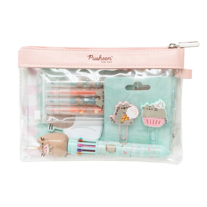 Pusheen Set Papeterie Foodie Collection - Sac fourre-tout zippé PU/PVC avec stylos 10 couleurs, surligneurs pastel, clips et marqueurs adhésifs