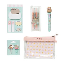 Pusheen Set Papeterie Foodie Collection - Sac fourre-tout zippé PU/PVC avec stylos 10 couleurs, surligneurs pastel, clips et marqueurs adhésifs