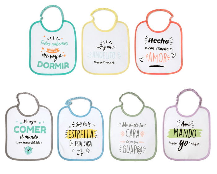 KioKids Set de 7 bavoirs hebdomadaires avec phrases drôles pour bébé de 0 mois, 3 couches absorbantes, élastique, multicolore