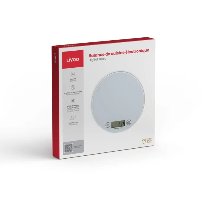 Livoo Balance de cuisine électronique DOM494W en verre, 5 kg