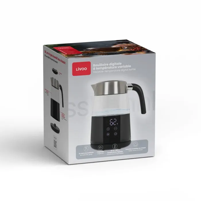 Livoo DOD221N - Bouilloire digitale électrique en inox - 2200W, 1.7L - Socle 360°, réglage température 40-100°C, 13 niveaux, maintien au chaud, affichage tactile