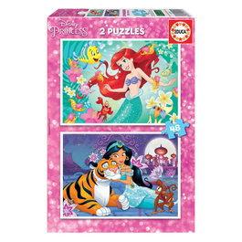 EDUCA BORRAS Puzzle Disney Princesses 2 Puzzles : Ariel et Jasmine, 48 Pièces Chacun, Taille 28x20 cm