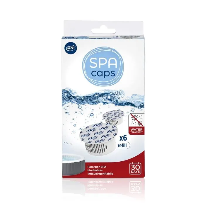 Gre SPA CAPS - Recharges pour désinfection de spa gonflable - Sans chlore - Dosage simple et économique - Lot de 6 capsules prêtes à l'emploi