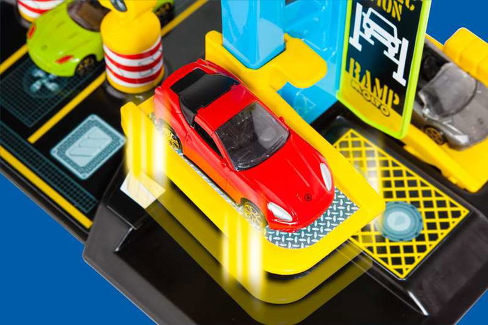 Molto - Parking 4 niveaux avec 5 voitures incluses - Jeu de construction en plastique pour enfants