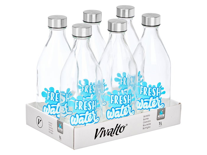 Vivalto Bouteille bouchon acier Fresh Water 9x25x9cm Verre Acier Transparent Argent 1L (Set de 12) Vivalto Bouteille bouchon acier Fresh Water 9x25x9cm Verre Acier Transparent Argent 1L (Set de 12)