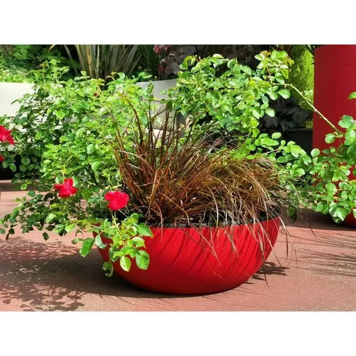 Riviera Pot de fleurs rond - Polypropylène - Granit rouge - Diamètre 40 cm, Hauteur 15 cm