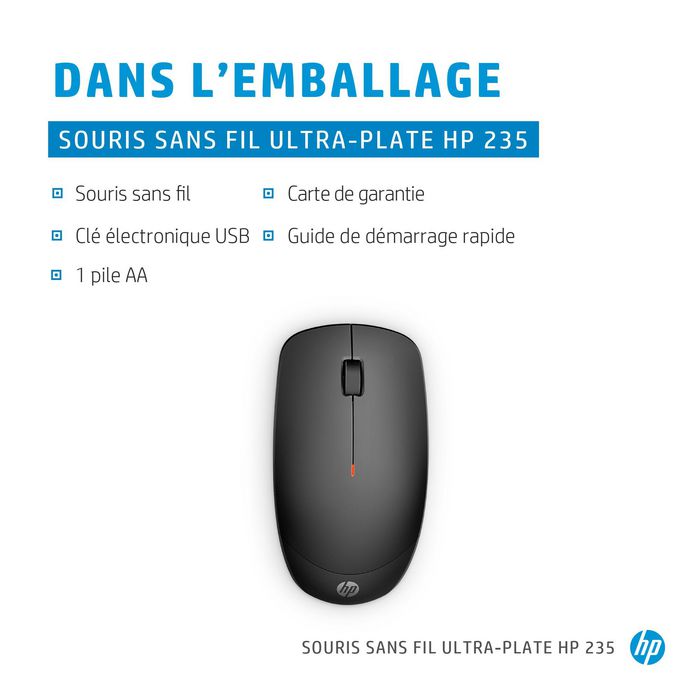 HP 235 Souris sans fil ultra-plate - Connexion 2.4 GHz stable, silence, confort, 1600 DPI et batteries longue durée pour une productivité optimale