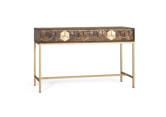 GINER Y COLOMER Consola 2 tiroirs en bois de mango et métal couleur noyer et doré - 122x76x40 cm