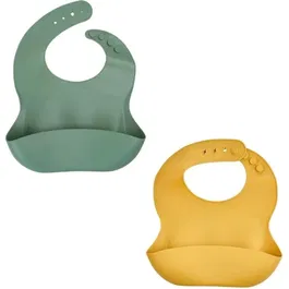 Thermobaby Lot de 2 Bavoirs en Silicone Étanches et Réglables avec Poche - Vert Cactus et Jaune Miel pour Bébé, Entretien Facile