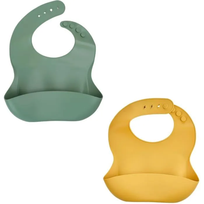 Thermobaby Lot de 2 Bavoirs en Silicone Étanches et Réglables avec Poche - Vert Cactus et Jaune Miel pour Bébé, Entretien Facile Thermobaby Lot de 2 Bavoirs en Silicone Étanches et Réglables avec Poche - Vert Cactus et Jaune Miel pour Bébé, Entretien Facile