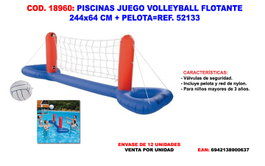 Jeu de volleyball flottant pour piscine 244x64 cm avec ballon