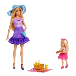 Barbie Coffret Pique-Nique Famille et Amis JBF43 avec 2 Poupées Barbie et Chelsea et 9 Accessoires, Jeu pour Enfants de 3 Ans et Plus