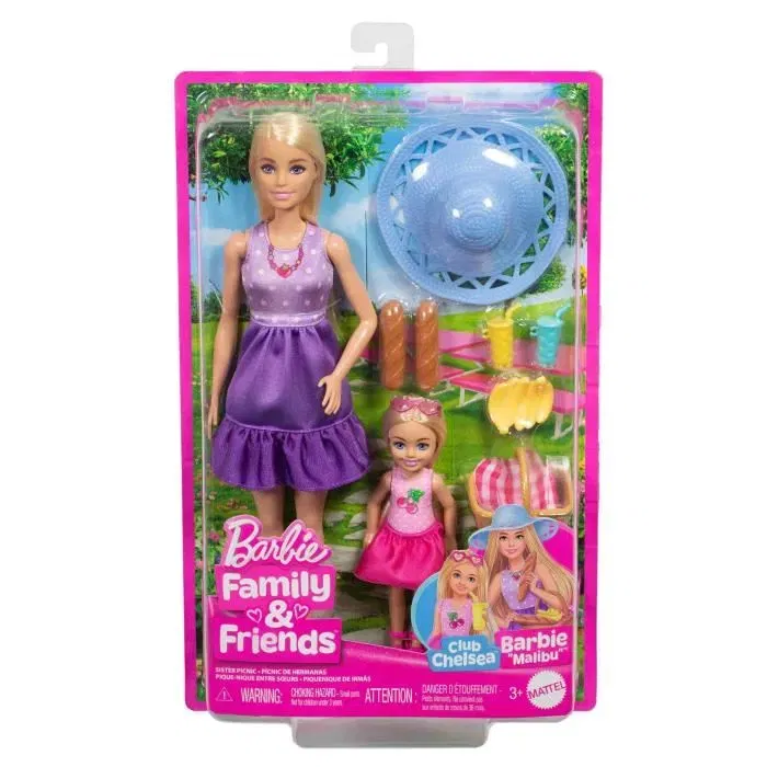 Barbie Coffret Pique-Nique Famille et Amis JBF43 avec 2 Poupées Barbie et Chelsea et 9 Accessoires, Jeu pour Enfants de 3 Ans et Plus