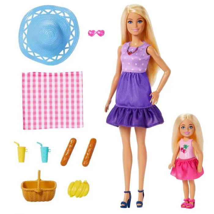 Barbie Coffret Pique-Nique Famille et Amis JBF43 avec 2 Poupées Barbie et Chelsea et 9 Accessoires, Jeu pour Enfants de 3 Ans et Plus