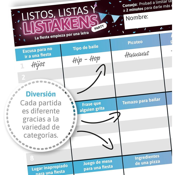 SD GAMES Juego mesa Listos Listas y Listakens Party - Jeu de société de rapidité et de lettres en espagnol - Version française de la boîte