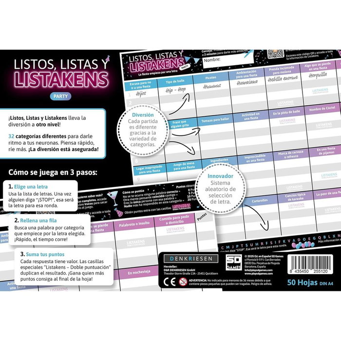 SD GAMES Juego mesa Listos Listas y Listakens Party - Jeu de société de rapidité et de lettres en espagnol - Version française de la boîte
