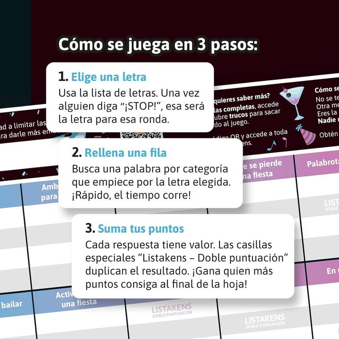 SD GAMES Juego mesa Listos Listas y Listakens Party - Jeu de société de rapidité et de lettres en espagnol - Version française de la boîte
