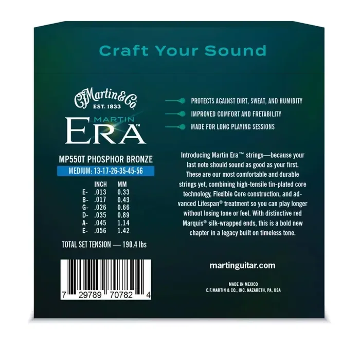 Martin Era Treated 92/8 Phosphor Bronze Medium 13-56 Jeu de cordes acoustique Lifespan