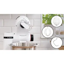 Bosch MUMS2EW00E Robot pâtissier Multiusage - Série 2 - 700 W - Bol inox 3,8 L - 4 vitesses - Avec fouets et crochet pétrisseur - Blanc