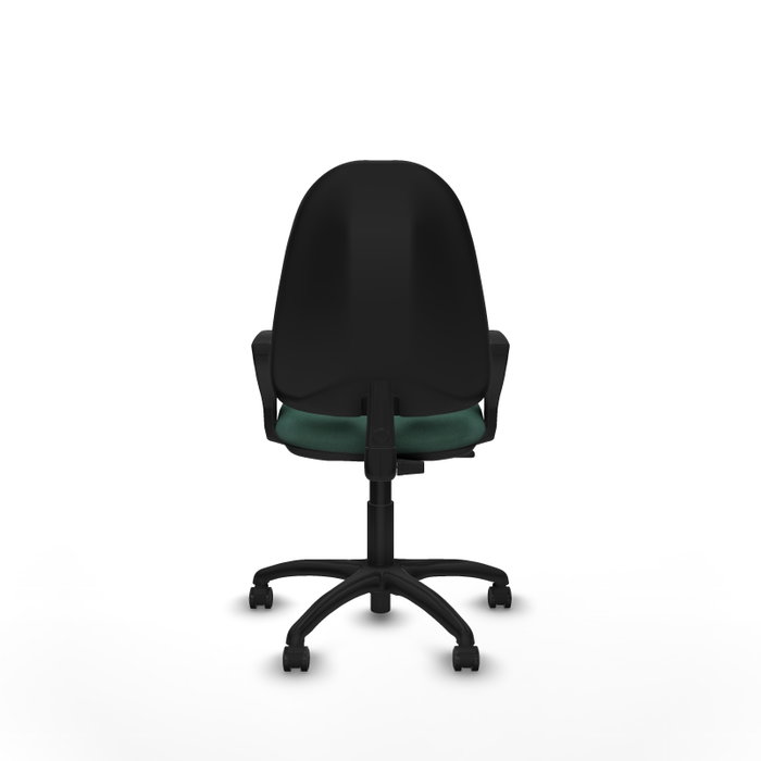 Chaise de bureau Algarra avec mécanisme de contact permanent de base, rembourrée de tissu vert bouteille. Équipée d'une base en polyamide noir, d'accoudoirs fixes et de roulettes pour parquet