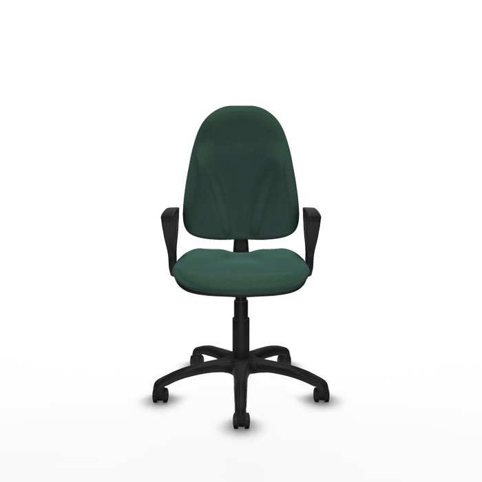 Chaise de bureau Algarra avec mécanisme de contact permanent de base, rembourrée de tissu vert bouteille. Équipée d'une base en polyamide noir, d'accoudoirs fixes et de roulettes pour parquet