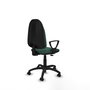 Chaise de bureau Algarra avec mécanisme de contact permanent de base, rembourrée de tissu vert bouteille. Équipée d'une base en polyamide noir, d'accoudoirs fixes et de roulettes pour parquet