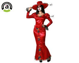 Déguisement Femme Adulte Catrina avec Robe Longue Rouge et Grand Chapeau à Fleurs - Thème Día de los Muertos / Halloween - Taille M-L - Polyester