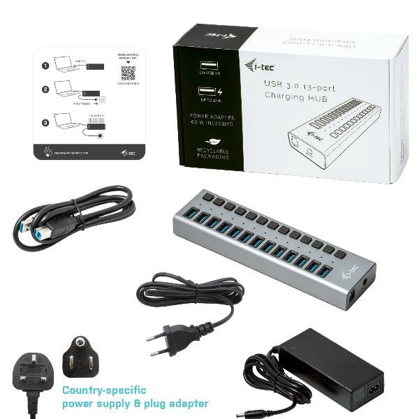 I-tec Hub USB 3.0 13 ports avec charge rapide Plug & Play pour PC