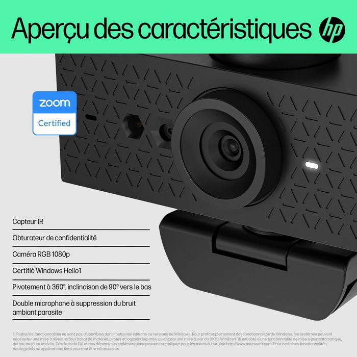 HP Webcam 620 - Résolution Full HD 1080p, Compatible Windows Hello et Zoom, Rotation 360°, Cache de Confidentialité et Microphones Antibruit