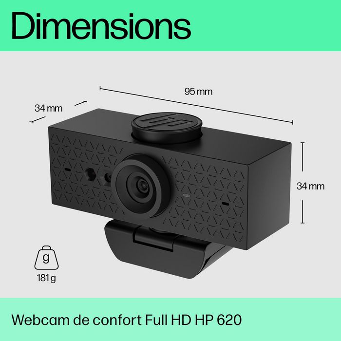 HP Webcam 620 - Résolution Full HD 1080p, Compatible Windows Hello et Zoom, Rotation 360°, Cache de Confidentialité et Microphones Antibruit