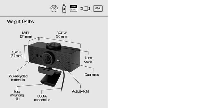 HP Webcam 620 - Résolution Full HD 1080p, Compatible Windows Hello et Zoom, Rotation 360°, Cache de Confidentialité et Microphones Antibruit