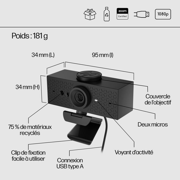 HP Webcam 620 - Résolution Full HD 1080p, Compatible Windows Hello et Zoom, Rotation 360°, Cache de Confidentialité et Microphones Antibruit