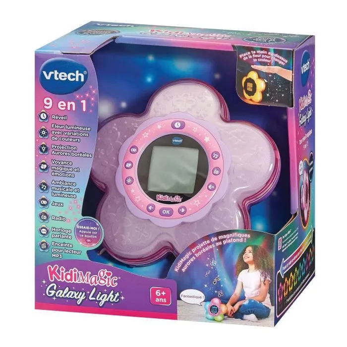 Vtech KidiMagic Galaxy Light - Radio-réveil enfant avec projection d'aurores boréales, 5 couleurs de lumière, contrôle gestuel, langue française