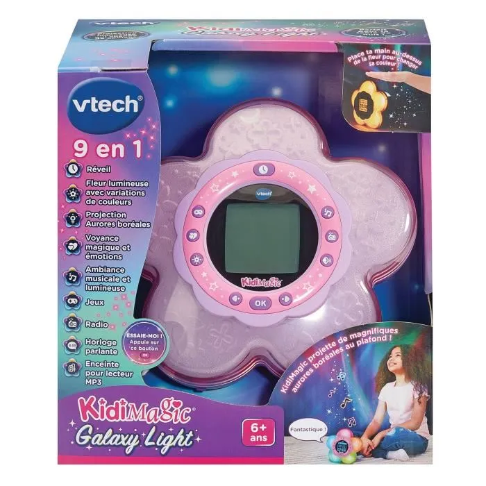 Vtech KidiMagic Galaxy Light - Radio-réveil enfant avec projection d'aurores boréales, 5 couleurs de lumière, contrôle gestuel, langue française