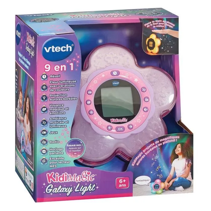 Vtech KidiMagic Galaxy Light - Radio-réveil enfant avec projection d'aurores boréales, 5 couleurs de lumière, contrôle gestuel, langue française